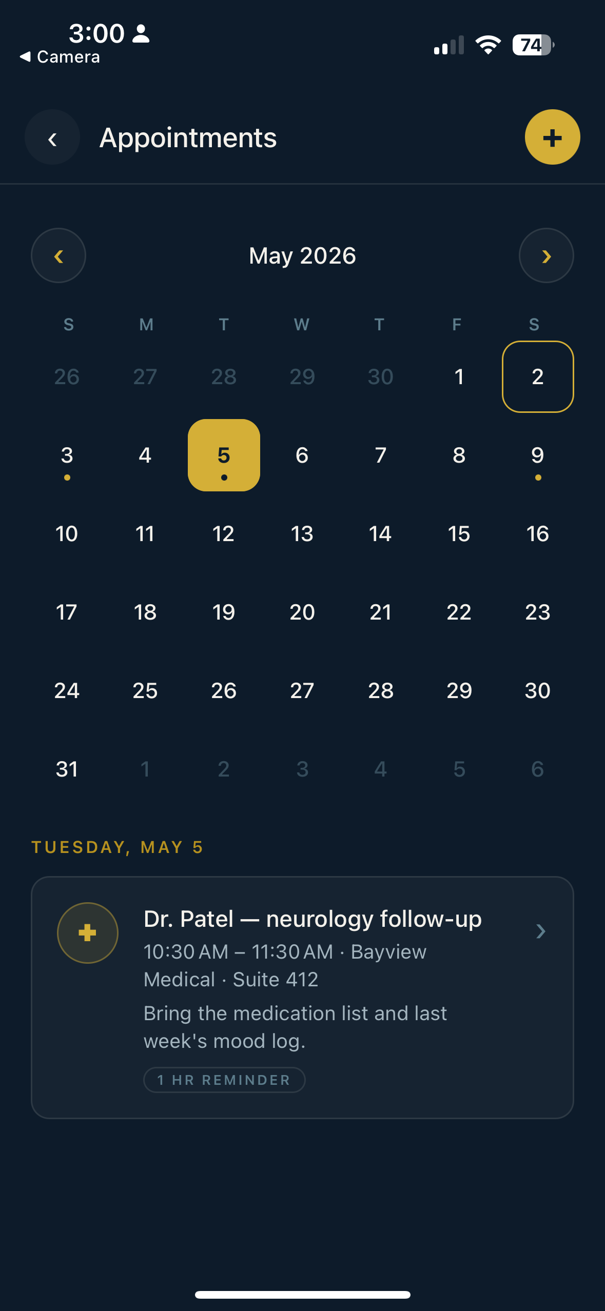 Appointments calendar with a doctor visit highlighted