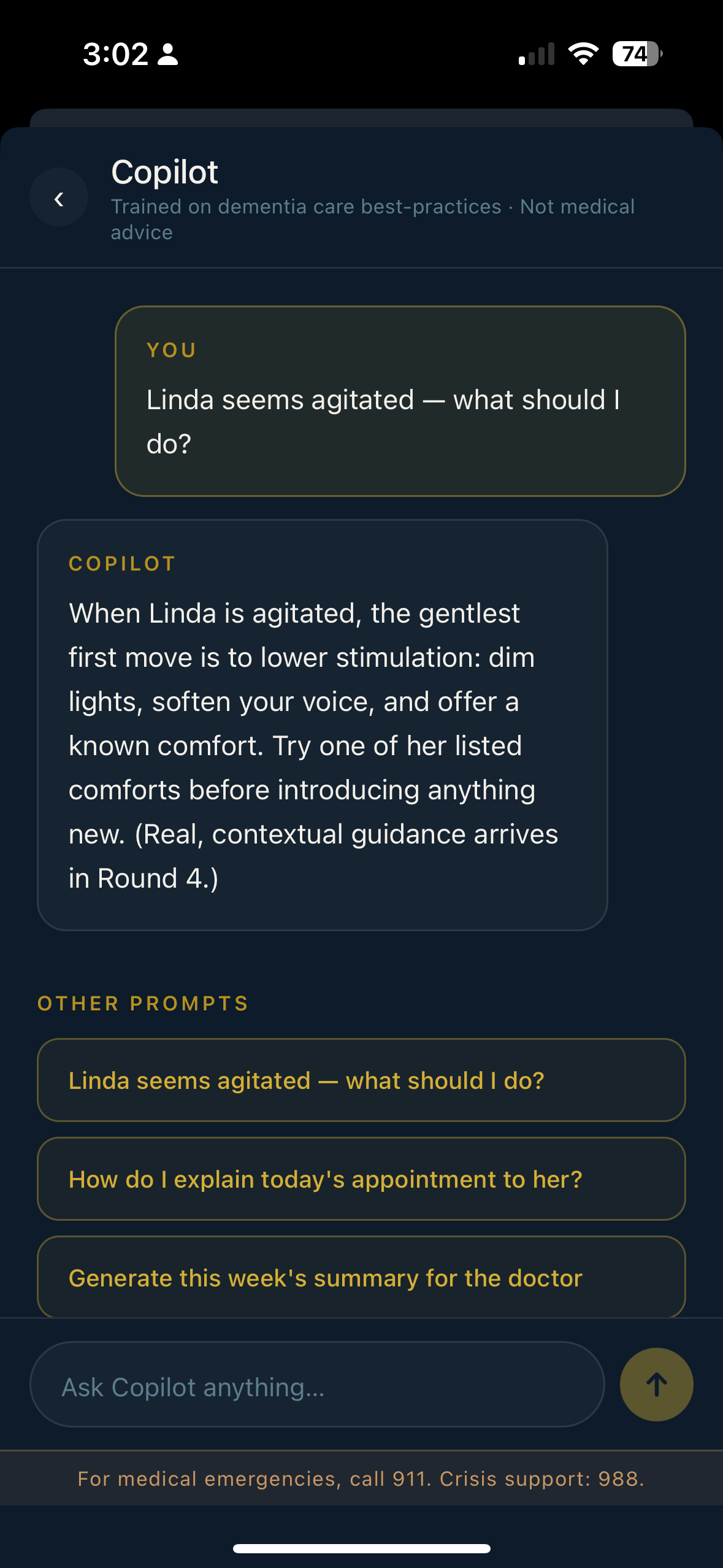 NEUVIA Copilot screen showing a conversation about handling agitation