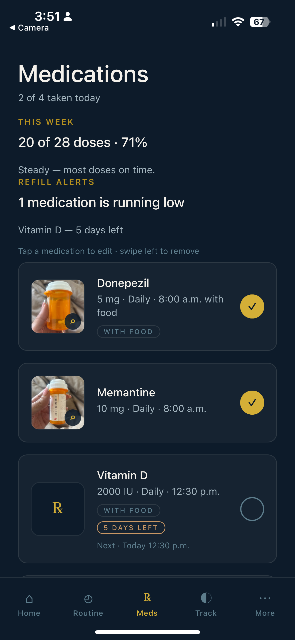 Medications screen with pill photos and adherence summary