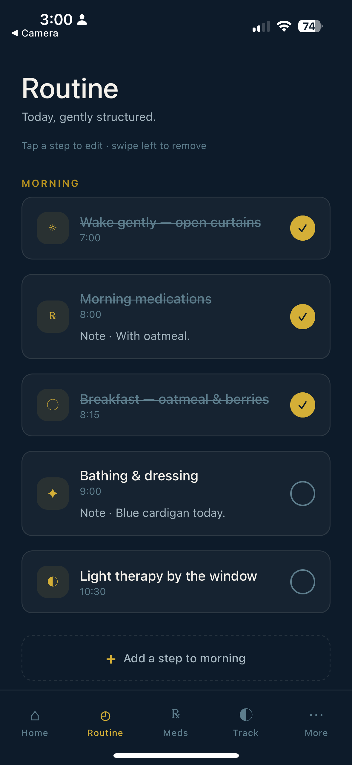 Routine screen showing the morning routine